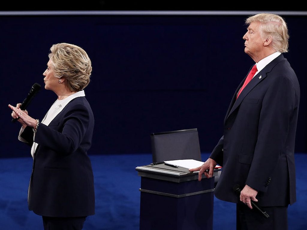 Candidate Trump stands behind former Secretary Clinton during the 2nd presidential debate of 2016.