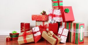 Stack of wrapped christmas gifts