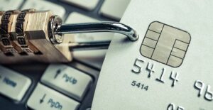 Credit card with a chip and pin and a padlock