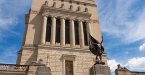 The Indiana World War Memorial Plaza dominates downtown Indianapolis.