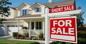 house with a sign for a short sale out front