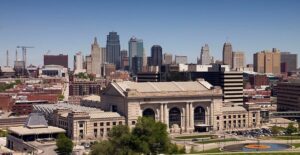 Downtown Kansas City sits alongside the Missouri and Kansas Rivers.