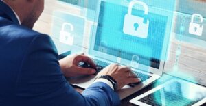 business identity theft lock and computer screen