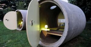A giant concrete sewer pipe has been turned into a hotel room at Das Park Hotel in Austria.
