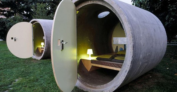 A giant concrete sewer pipe has been turned into a hotel room at Das Park Hotel in Austria.