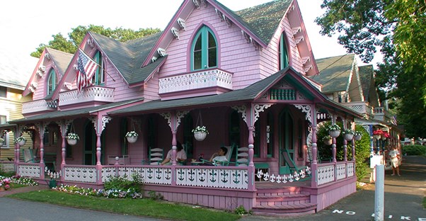 A pink gingerbread cottage on Marthas Vineyard.