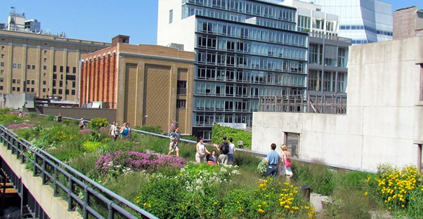 Visitors walk along the blooming plants of the beautiful High Line in New York City.
