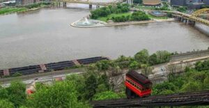 The Duquesne Incline in Pittsburgh climbs a hill overlooking the river.