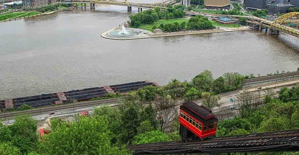 The Duquesne Incline in Pittsburgh climbs a hill overlooking the river.