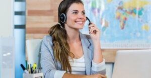travel agent talking on the phone