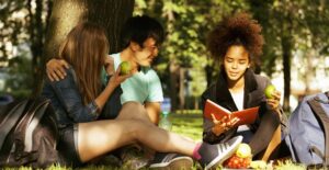 College students hang out in the courtyard