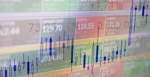 multicolor board showing commodities listings with a blue bar graph running across it