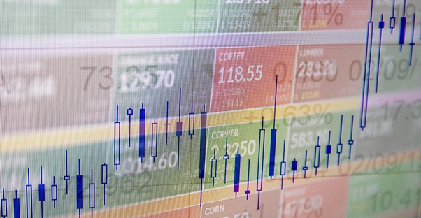 multicolor board showing commodities listings with a blue bar graph running across it