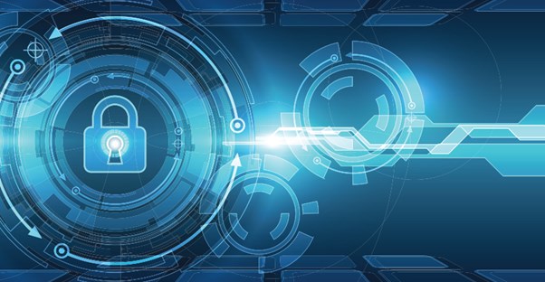Image of screen with a digital blue lock in the middle of a circle of code in front of other digital pictures to show that your identity can be stolen online