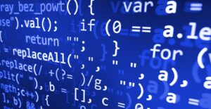 a blue software engineering screen with coding language in white letters