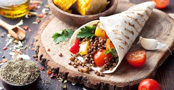 Vegan burrito and ingredients. Vegan recipes.