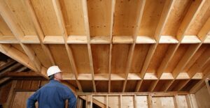 Home inspector looking at ceiling.