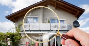 Looking at a house through a magnifying glass. Home inspections.