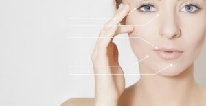 Woman's face with identifying marks. Non-surgical rhinoplasty.