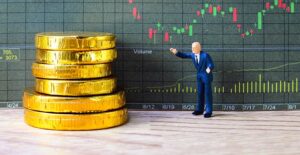 a toy man and a pile of coins symbolize index funds and money market funds