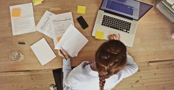 A woman works from home