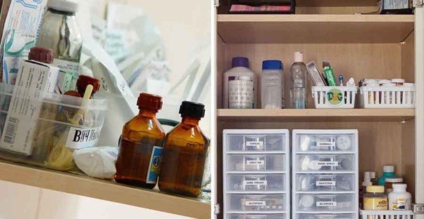 cluttered medicine cabinet