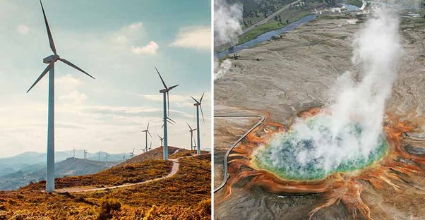 On the left are several wind turbines in a field on the right is a naturally occurring hot spring.