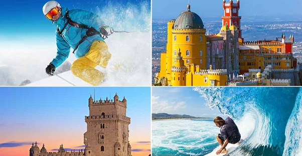 Quad split image. Top left, person skiing. Top right, Paras Palace. Bottom left, tower of Belem. Bottom right, man surfing.
