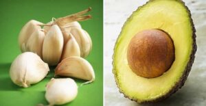split image of garlic and an alvocado