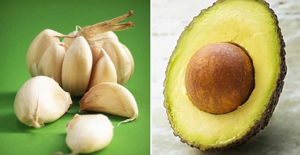 split image of garlic and an alvocado