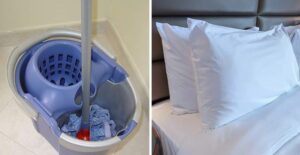 mop bucket and bedding