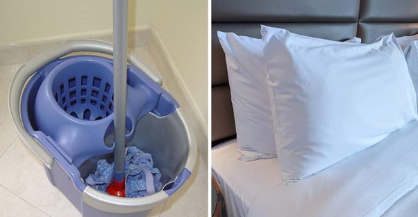 mop bucket and bedding