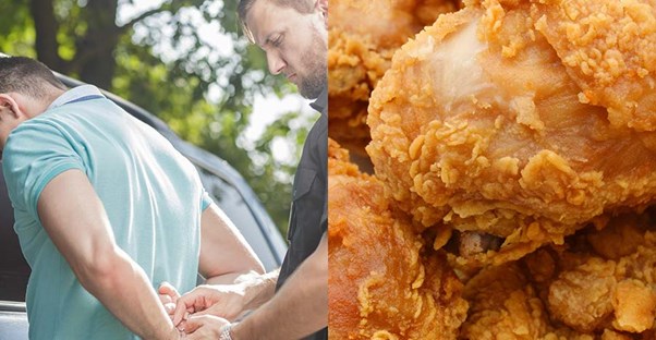 man being arrested and chicken