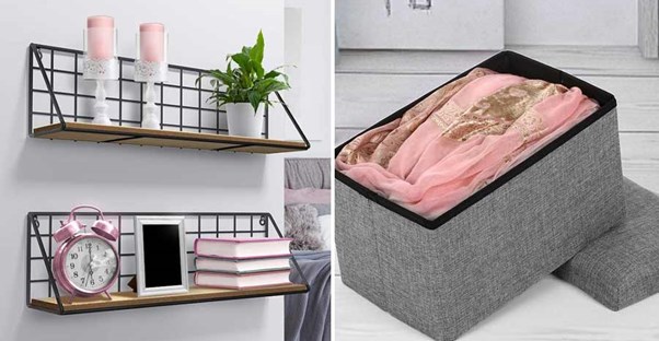 floating shelves and ottoman