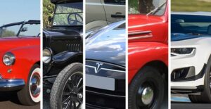 a collage of five classic american cars