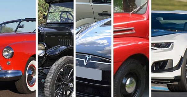 a collage of five classic american cars