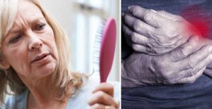 woman losing hair, man with aching joints