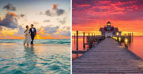 couple walking on beach and picture of maldives