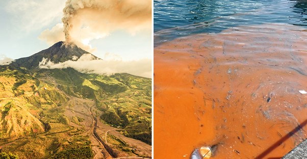 erupting volcano and red tide