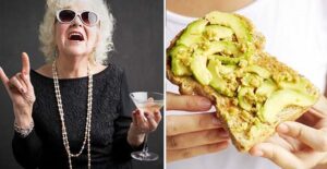 A baby boomer with a wine glass and avocado toast