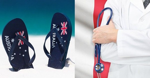 A pair of Australian-themed flip flops on a beach; a doctor holding a stethoscope against a French flag backdrop