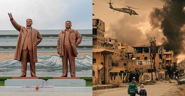 The Grand Monument in North Korea; Two little girls watching a helicopter fly over their destroyed city in Syria