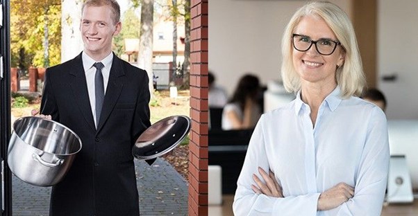 A door-to-door salesman in a suit holding a pot; a woman in a middle management position