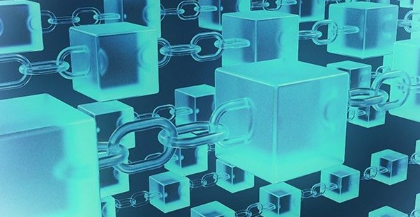 An artists rendition of blue blocks attached by chains