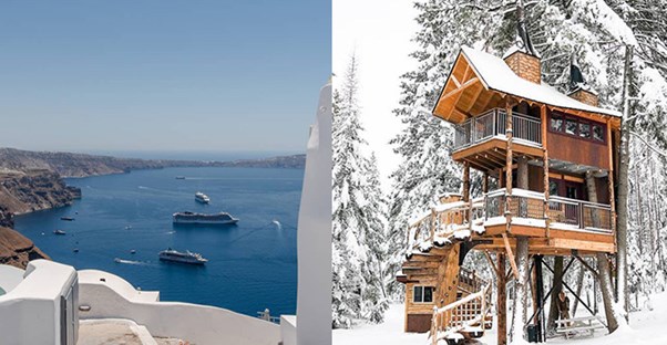 a view of the mediterranean sea from one airbnb balcony and a winter airbnb treehouse scene