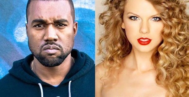 A side-by-side of Kanye West and Taylor Swift