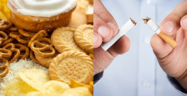 Processed foods and a person breaking a cigarette