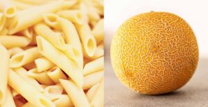 penne pasta and a cantaloupe