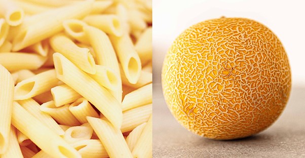 penne pasta and a cantaloupe