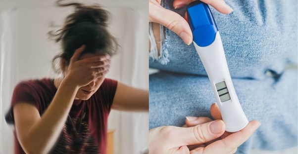 woman with a headache and a low blood sugar test